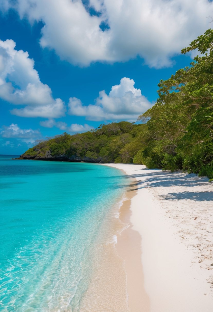 Crystal-clear turquoise waters lap against the powdery white sand of Whitehaven Beach, with lush greenery lining the shore