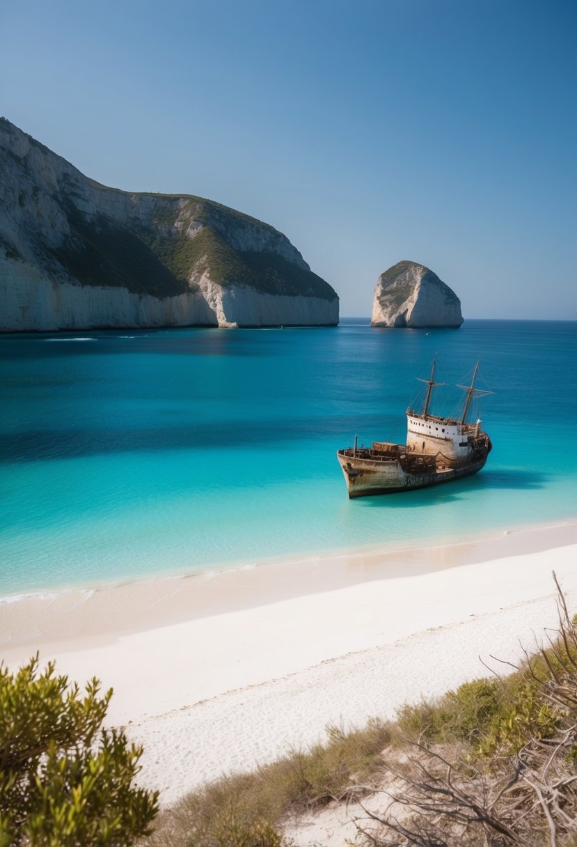 A pristine beach with turquoise waters, framed by towering cliffs and a shipwreck resting on the shore. White sand and clear skies complete the idyllic setting