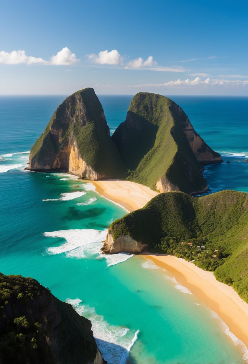 Aerial view of Baia do Sancho, Brazil with turquoise waters, golden sand, lush green cliffs, and clear blue skies