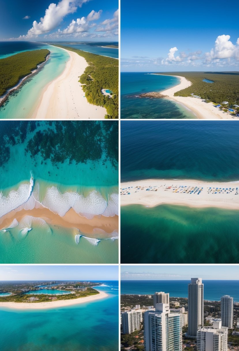 Aerial view of 5 diverse beaches: tropical, rocky, sandy, urban, and remote, each with unique features and landscapes