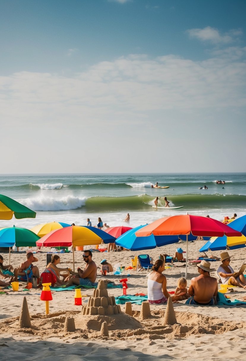 Colorful umbrellas dot the sandy shore, while families build sandcastles and play beach games. Surfers catch waves in the distance as beachgoers relax under the warm sun