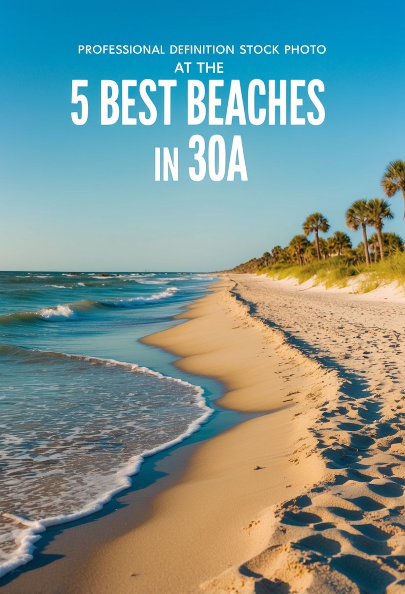 Golden sand, clear turquoise water, and gentle waves at the 5 best beaches in 30A. Palm trees and dunes line the shore under a bright blue sky