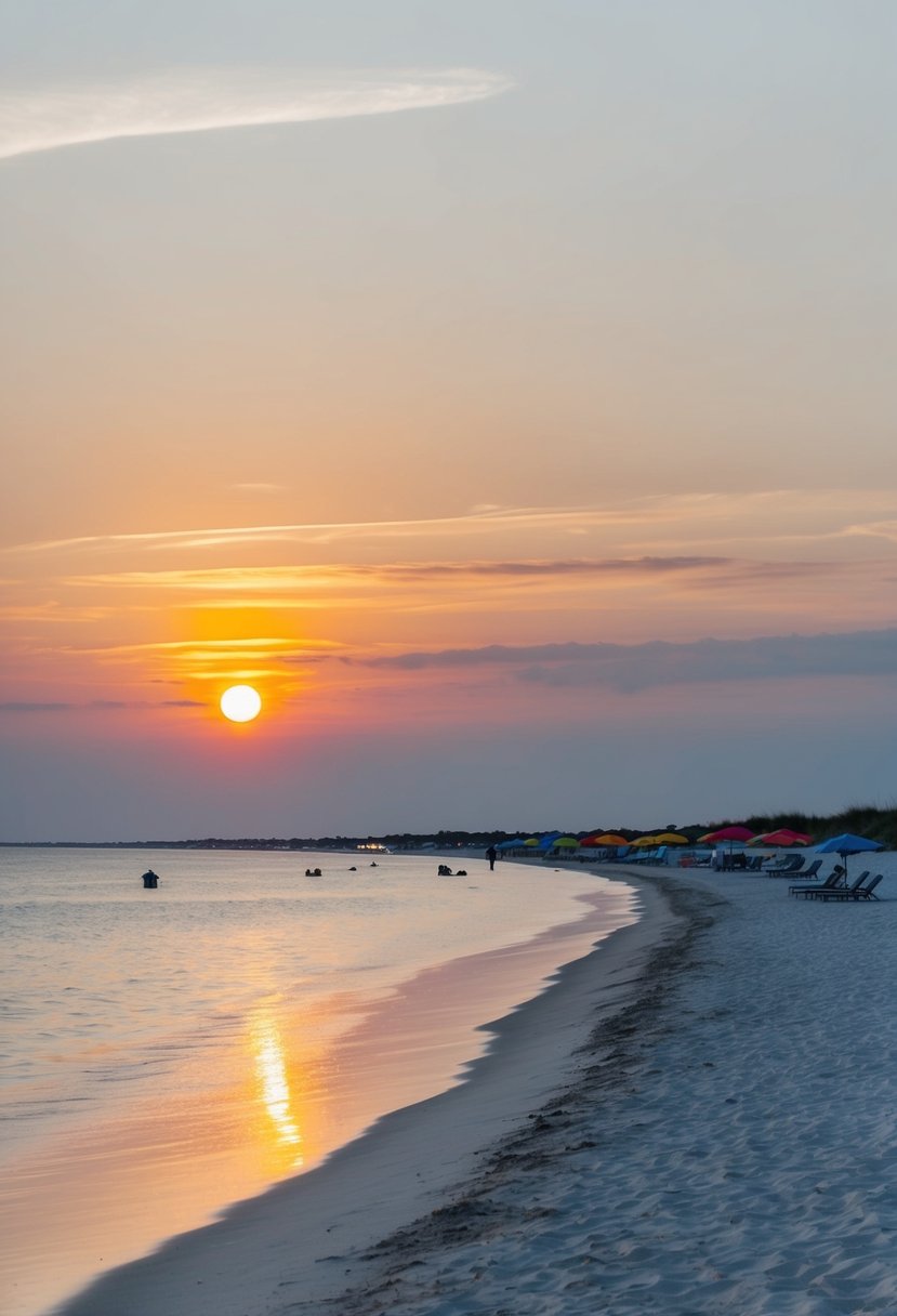 The sun sets over the calm waters of Grayton Beach State Park, with white sand stretching along the coastline and colorful beach umbrellas dotting the shore