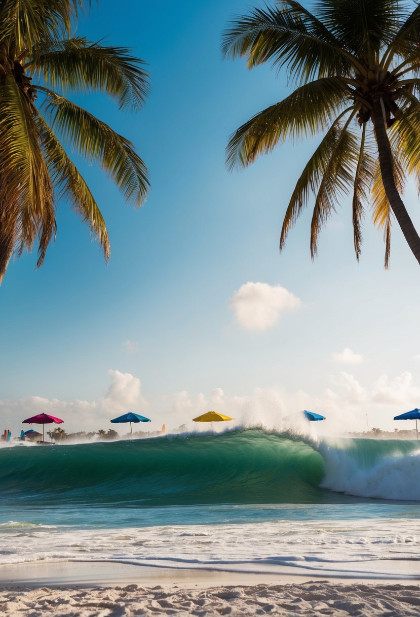 Glistening waves crash onto white sandy shores, framed by swaying palm trees and colorful beach umbrellas on Seaside Beach, one of the 5 best beaches in 30a