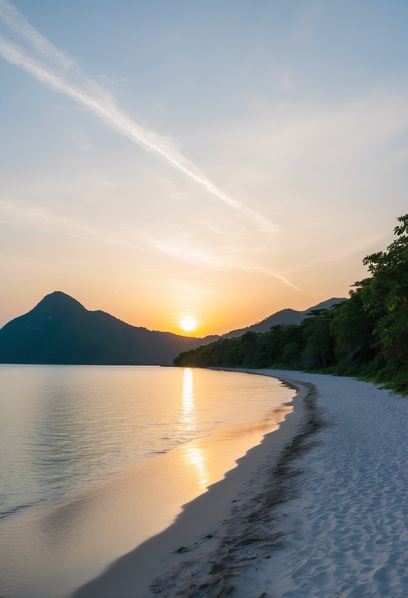 The sun sets over the calm waters of Blue Mountain Beach, with soft white sand and lush greenery lining the shore