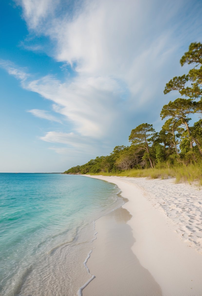 A serene beach scene with crystal clear water, white sand, and lush greenery along the coastline of 30A