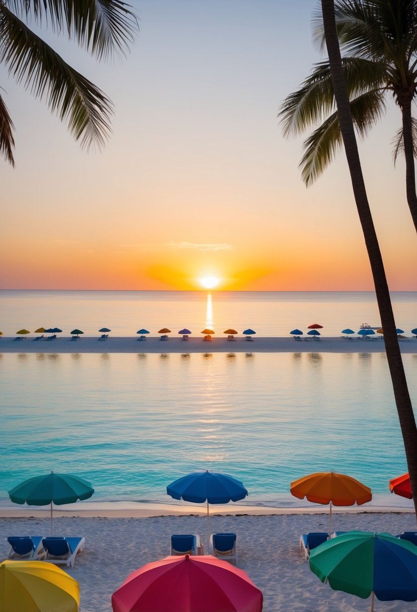 Sunset over crystal-clear waters and white sandy beaches, with colorful beach umbrellas dotting the shoreline and palm trees swaying in the gentle breeze