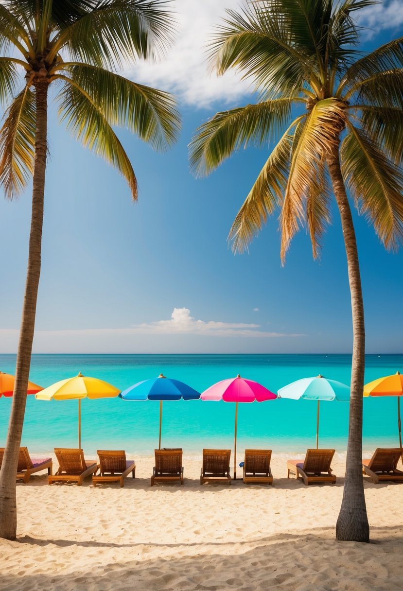 Golden sand, turquoise waters, palm trees, and colorful umbrellas dotting the shoreline of the 5 best beaches in the US