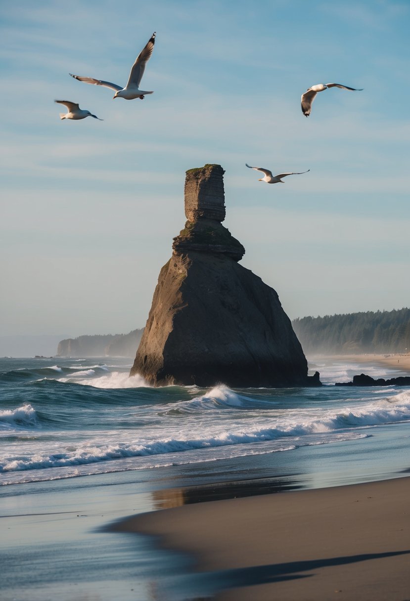 The iconic Haystack Rock stands tall against the vast expanse of sandy shores at Cannon Beach, Oregon. Waves crash against the rocky coastline, while seagulls soar overhead