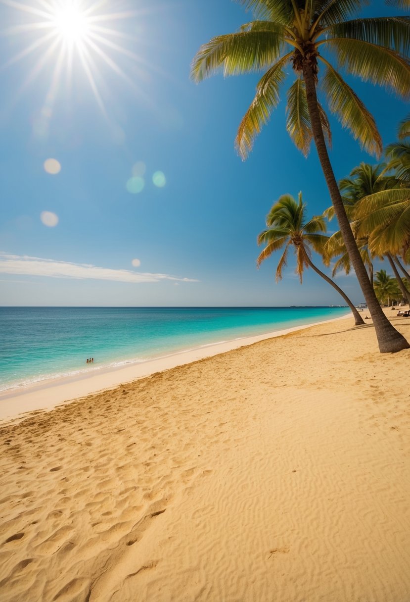 Golden sand, clear blue water, palm trees, and a cloudless sky. The sun is shining, and a gentle breeze blows across the beach