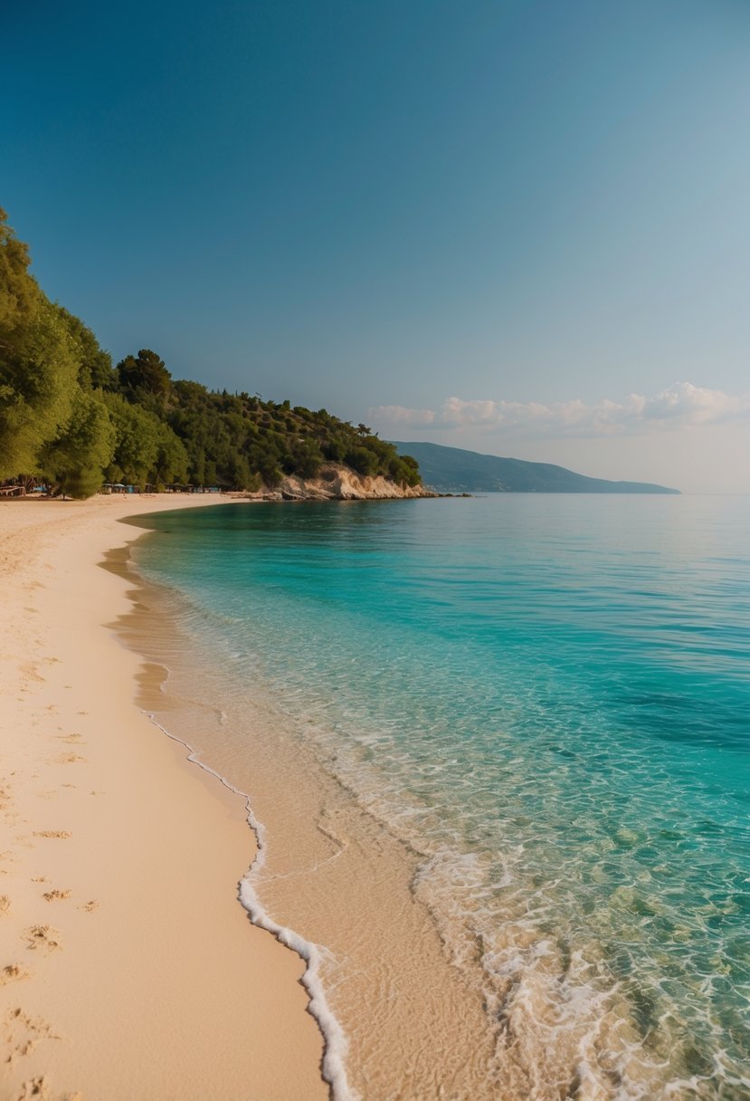 A serene beach with crystal clear waters, golden sand, and lush greenery along the Albanian coastline