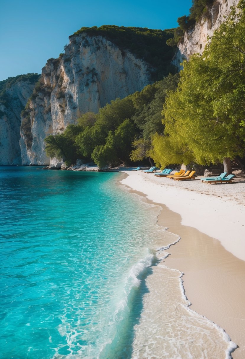 Crystal clear waters lap against white sandy shores, framed by lush greenery and towering cliffs. A serene paradise awaits at the 5 best beaches in Albania