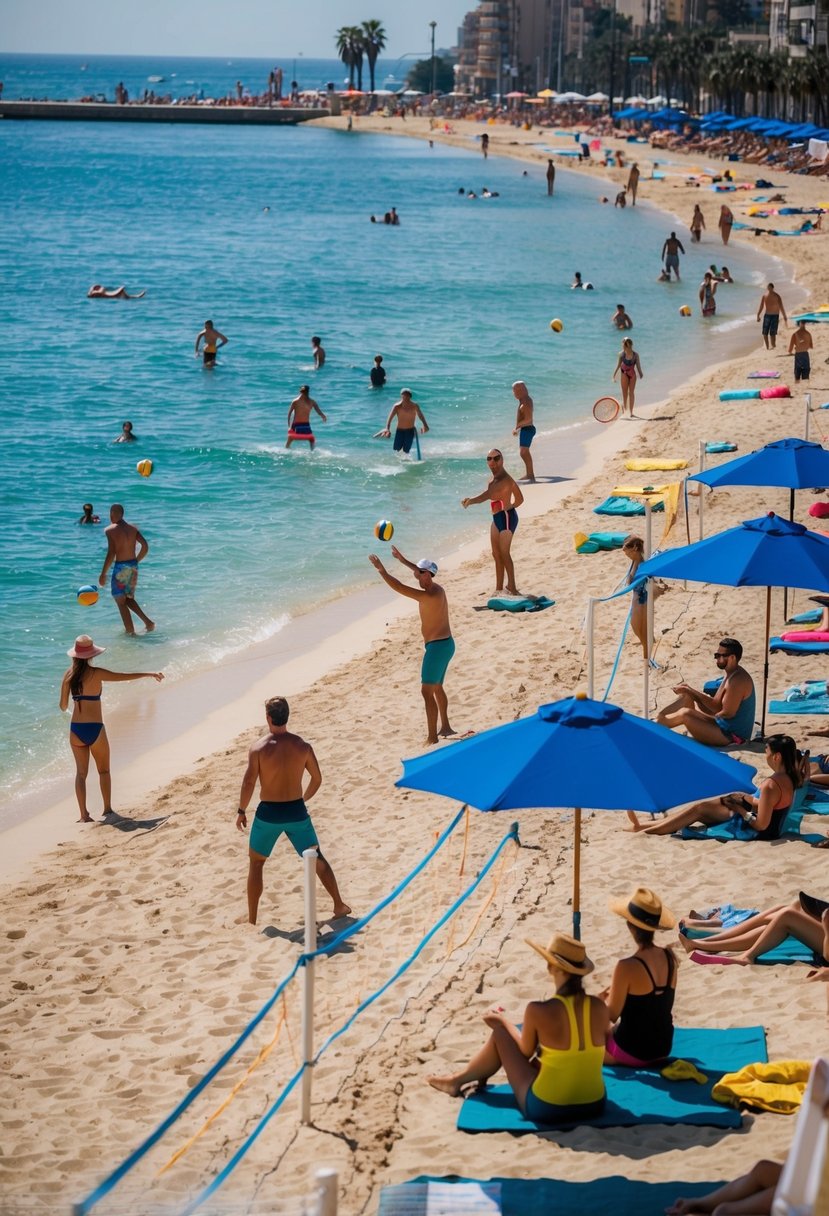 People playing beach volleyball at Barcelona's best beach. Sunbathers relax on the sand while others swim in the clear blue water. Beach umbrellas and colorful towels dot the shore