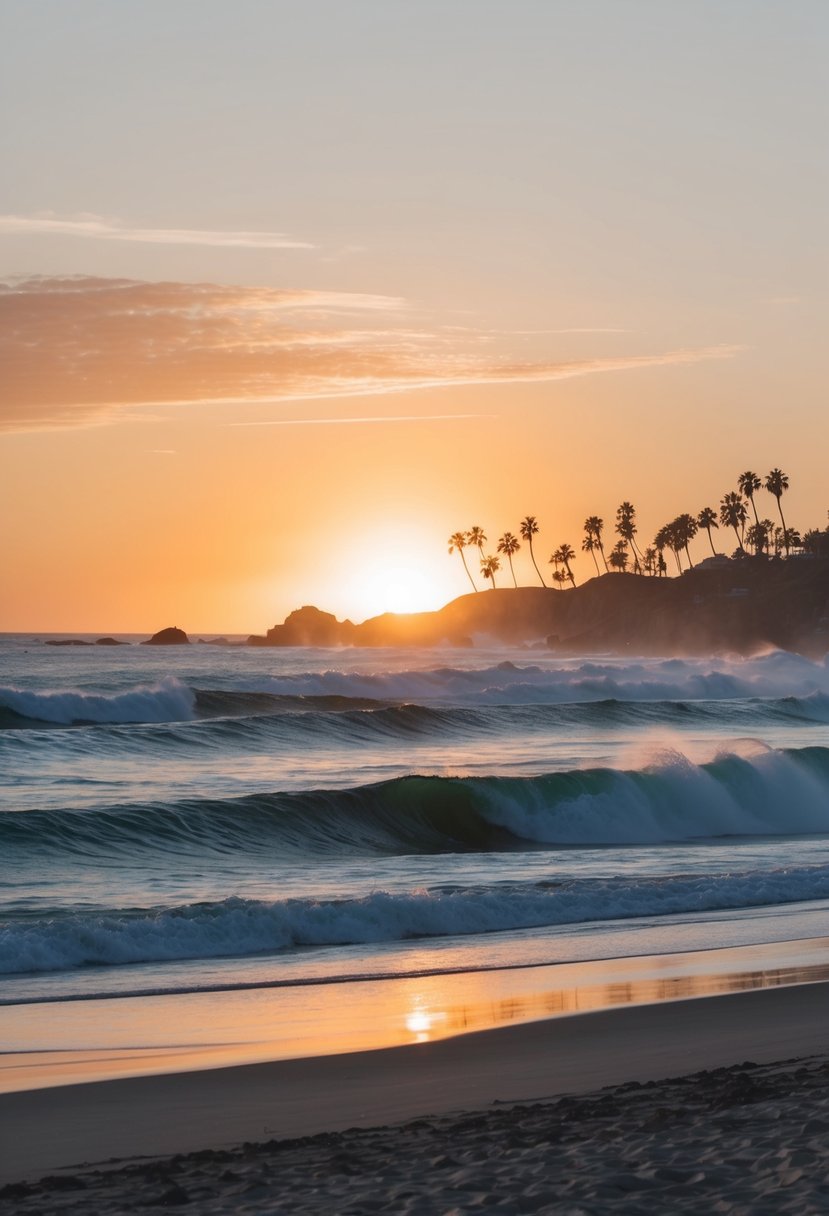 The sun sets over the rugged coastline of Laguna Beach, with waves crashing on the sandy shore and palm trees swaying in the ocean breeze