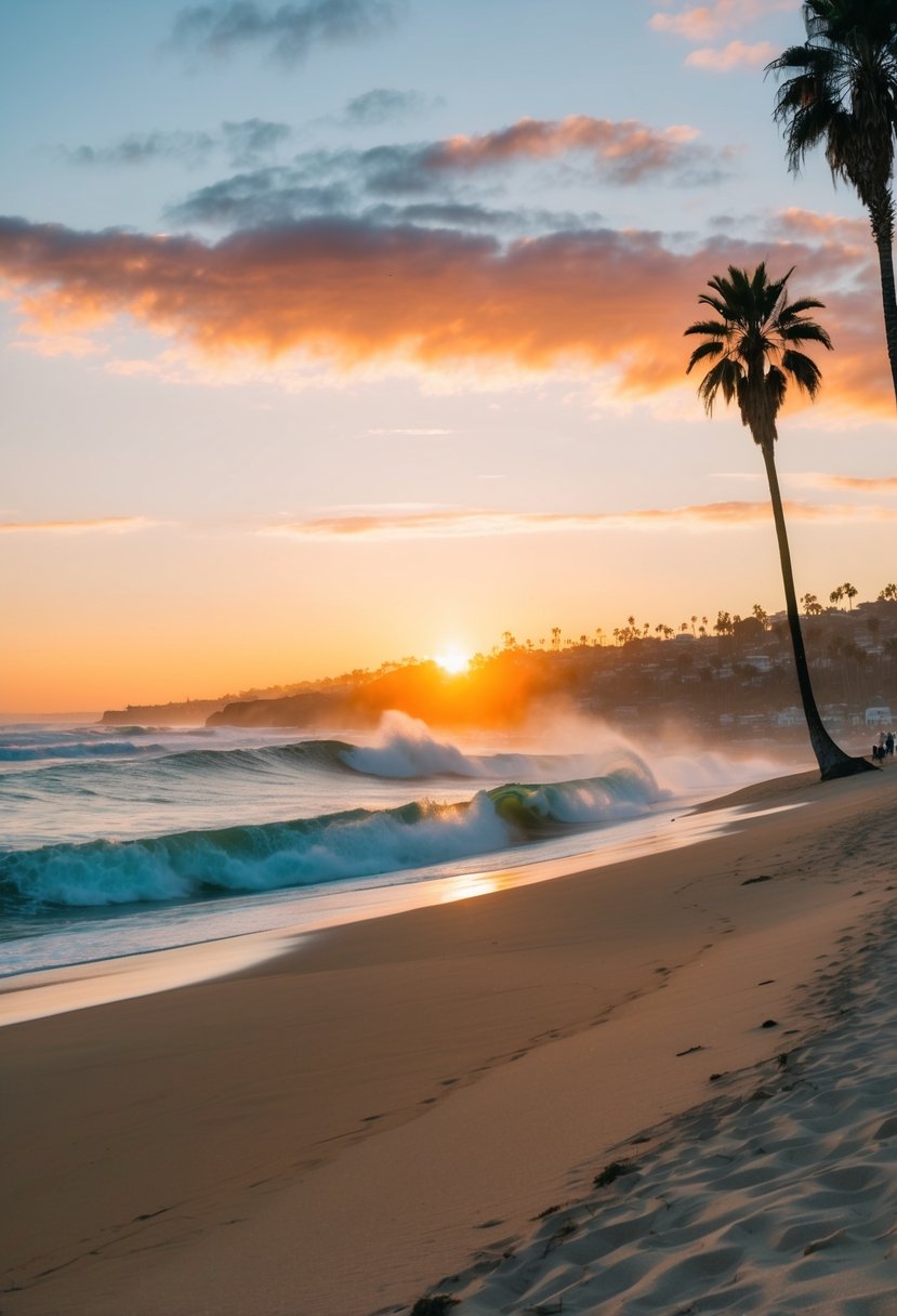 Golden sand, crashing waves, palm trees, and a vibrant sunset at Santa Monica Beach - one of California's top 5 beaches