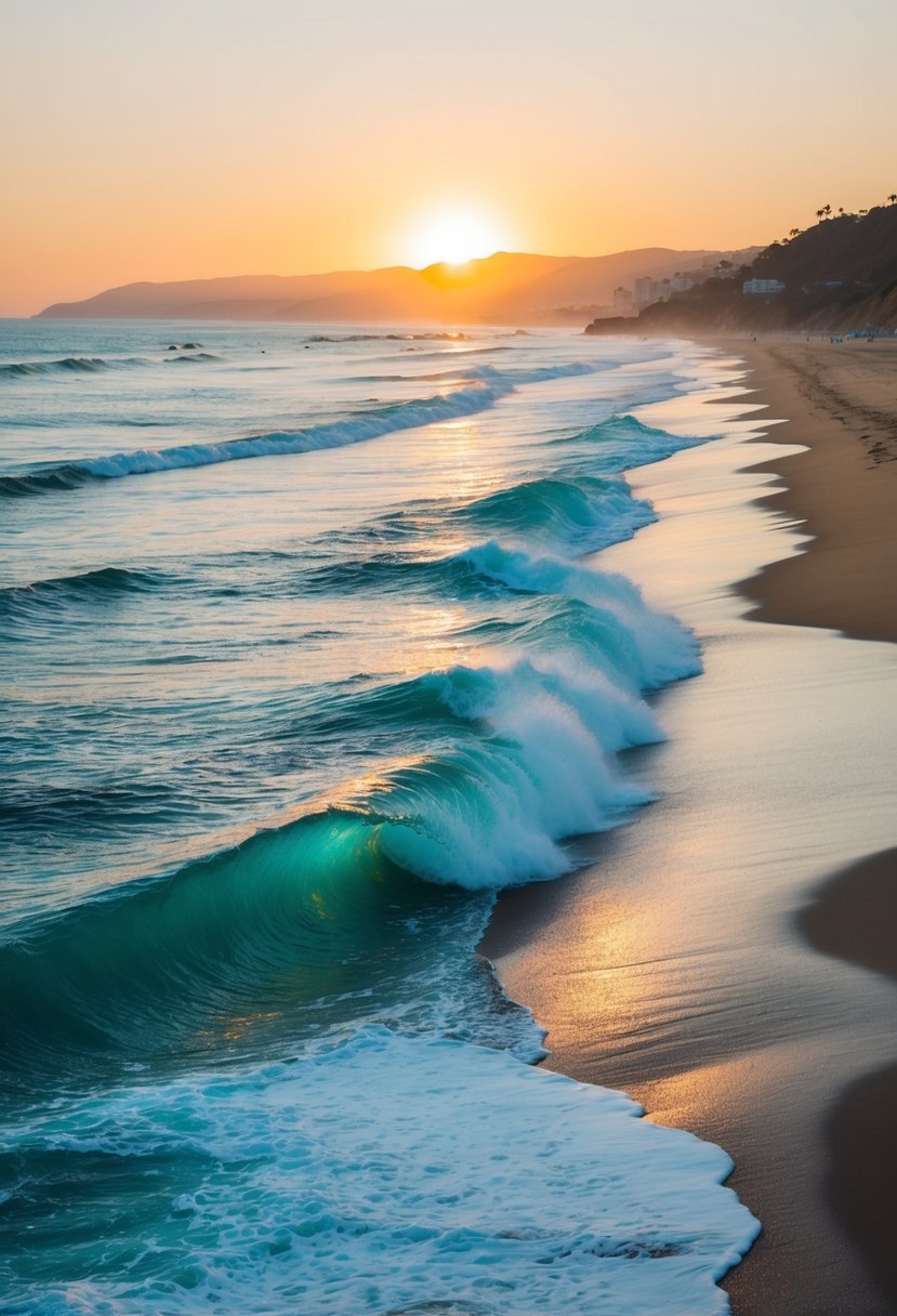 Golden sand meets the turquoise waves at Malibu's Zuma Beach, one of California's top 5 beaches. The sun sets in the distance, casting a warm glow over the picturesque coastline