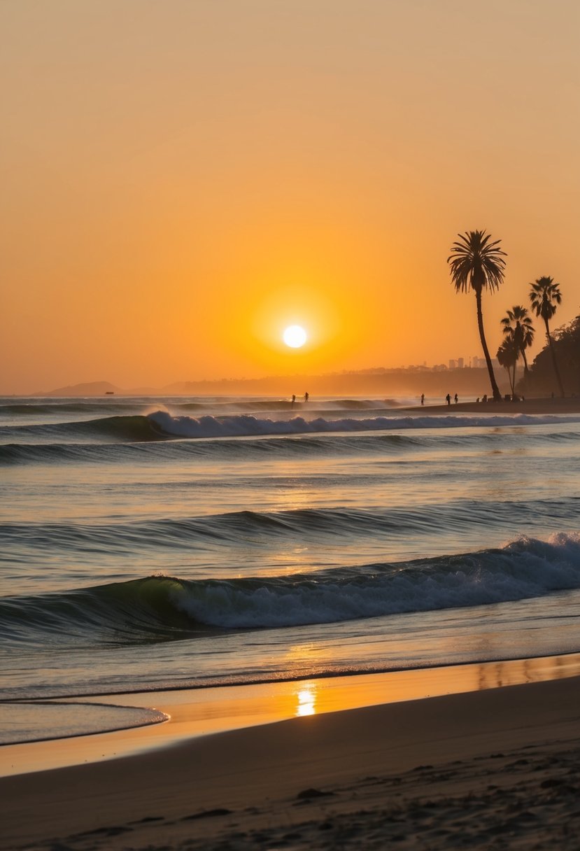 The sun sets over Coronado Central Beach, with gentle waves rolling onto the golden sand. Palm trees sway in the breeze, and distant silhouettes of surfers dot the horizon