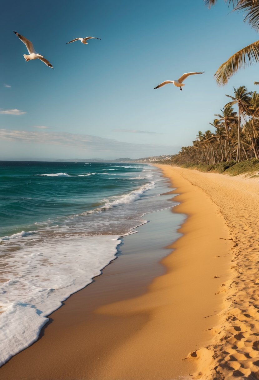 Golden sand stretches along the coastline, meeting the turquoise waves of the Pacific Ocean. A gentle breeze rustles through the palm trees, while seagulls soar overhead