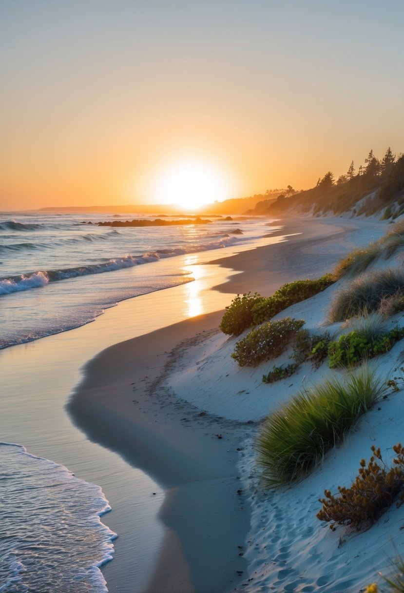 The sun sets over a pristine California beach, with gentle waves lapping at the shore and a diverse array of coastal plants thriving in the protected dunes