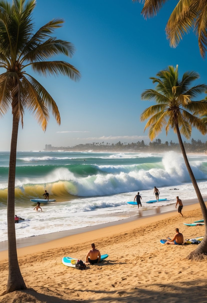 Golden sand beaches with crashing waves, palm trees, and clear blue skies. Sunbathers and surfers enjoying the warm weather and sparkling ocean views