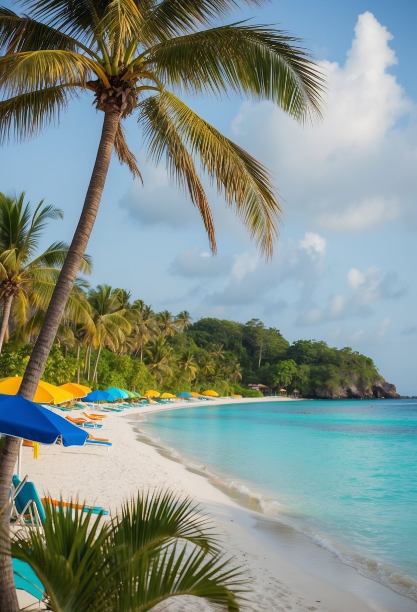 Palm-fringed beaches with turquoise waters and white sand, backed by lush greenery and colorful beach umbrellas