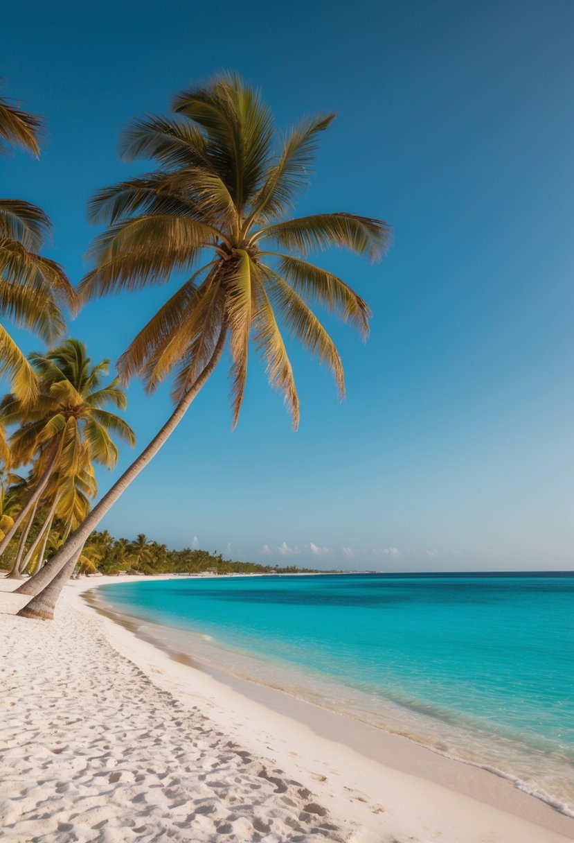 A serene, palm-lined beach with crystal-clear turquoise waters and white sand stretching along the coast of Punta Cana