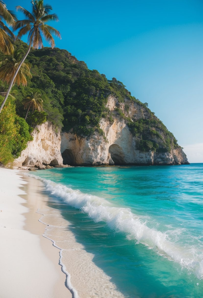 Crystal clear waters lap against the white sandy shore of Bahia de las Aguilas, surrounded by lush green cliffs and palm trees