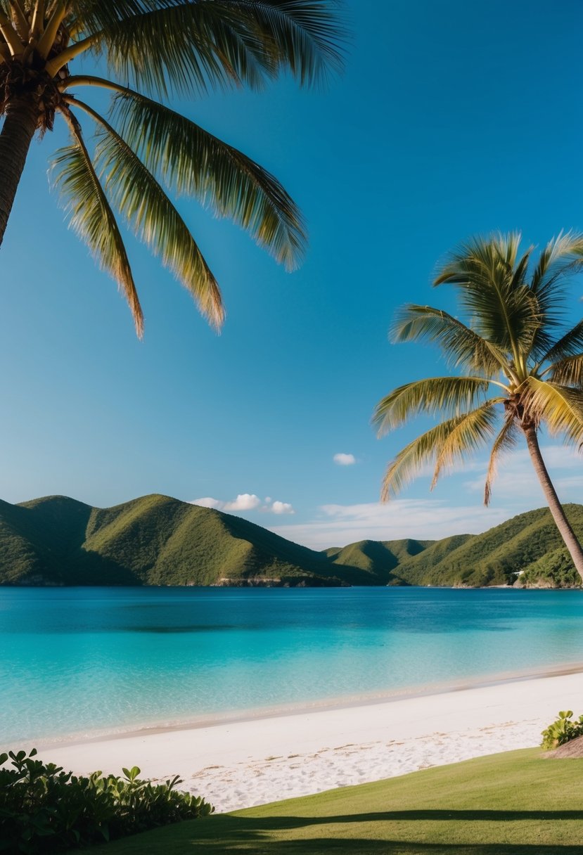 A serene, palm-fringed beach with crystal-clear water and white sand, nestled between lush green hills under a clear blue sky