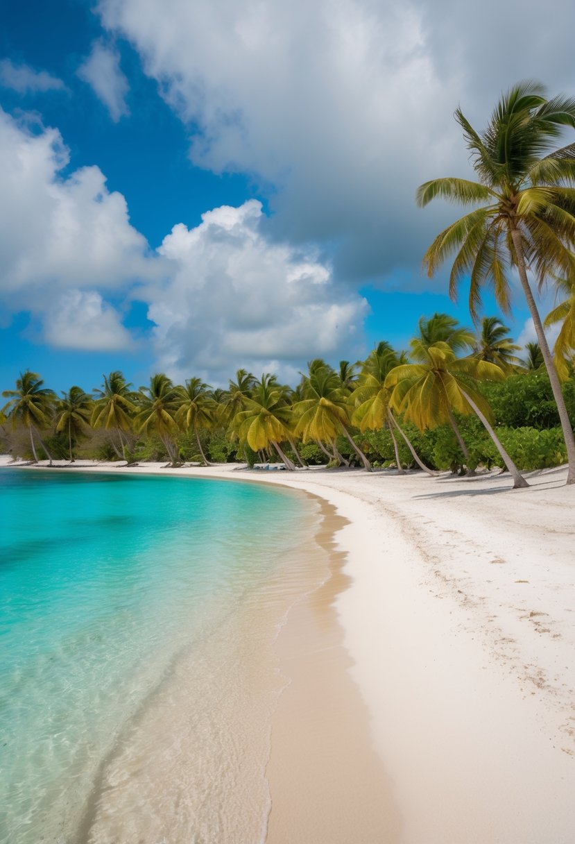 A serene beach on Cayo Levantado, with crystal clear turquoise water, powdery white sand, and lush green palm trees lining the shore