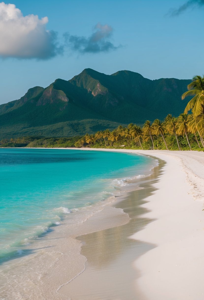 Palm-fringed white sand beaches meet turquoise waters under a cloudless sky, with lush green mountains in the background