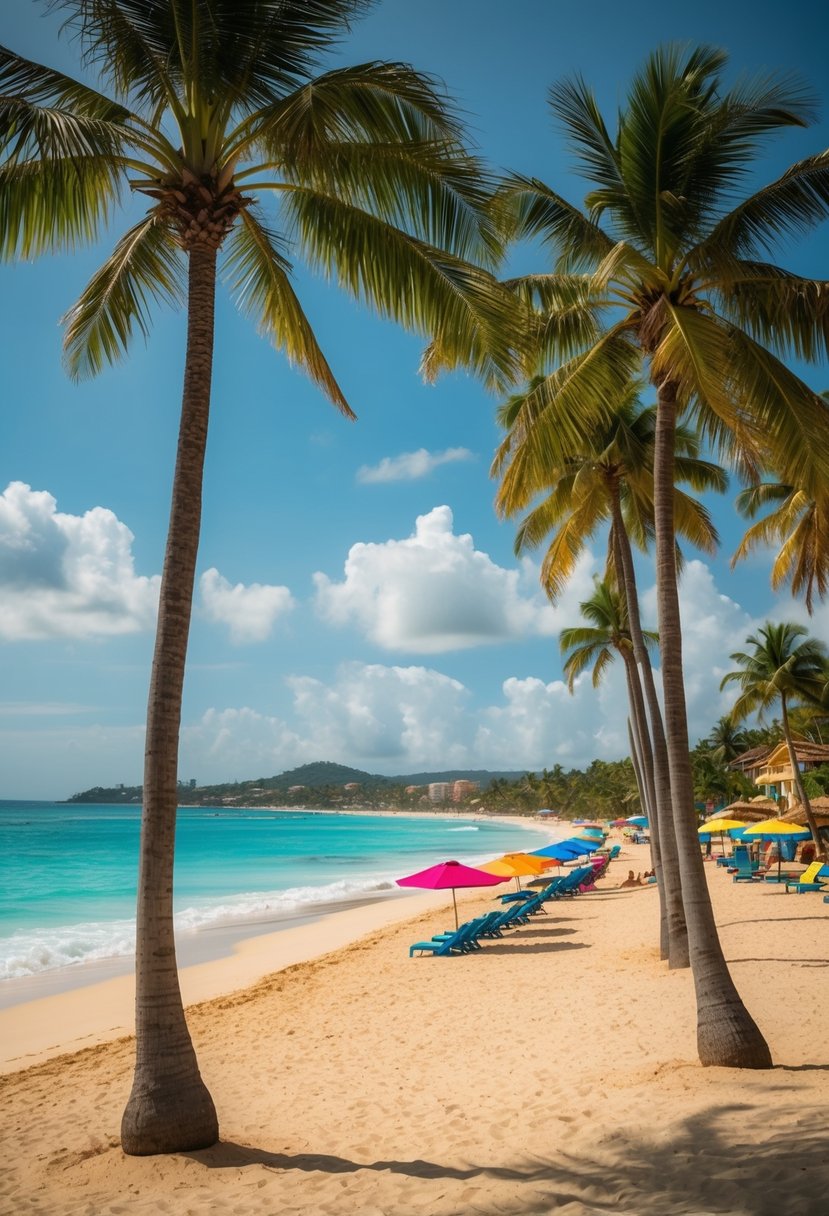 Lush palm trees line the golden sandy shore, where turquoise waves gently kiss the coastline. Colorful beach umbrellas dot the landscape, while the vibrant culture of the Dominican Republic comes alive through music and dance