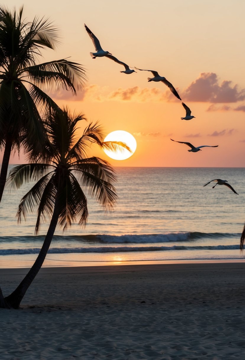 The sun setting over a sandy beach with palm trees, calm ocean waves, and seagulls flying overhead