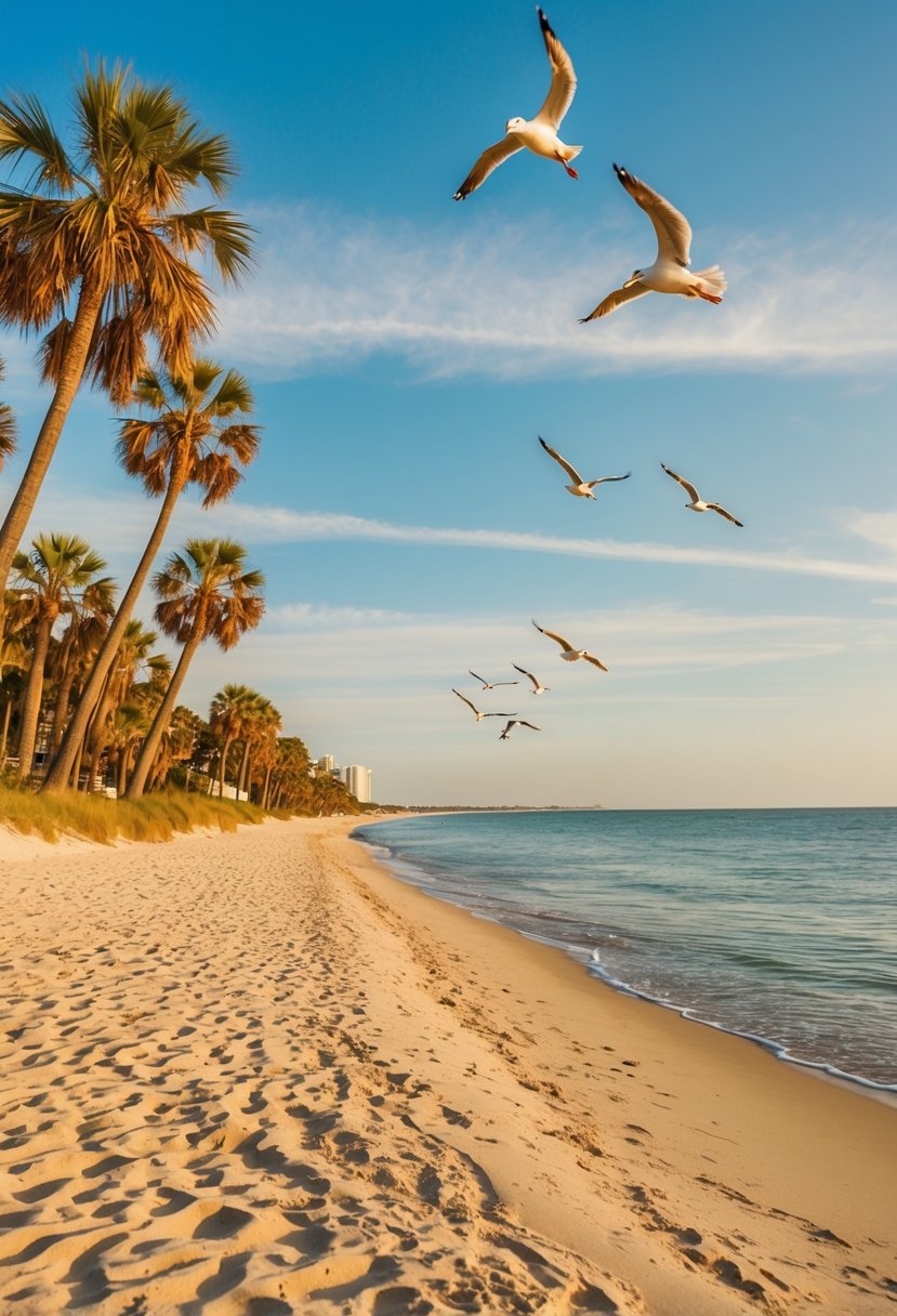 Golden sand stretches along the coast, meeting the turquoise waters of Tybee Island Beach, one of Georgia's top five beaches. Palm trees sway in the warm breeze, while seagulls soar overhead