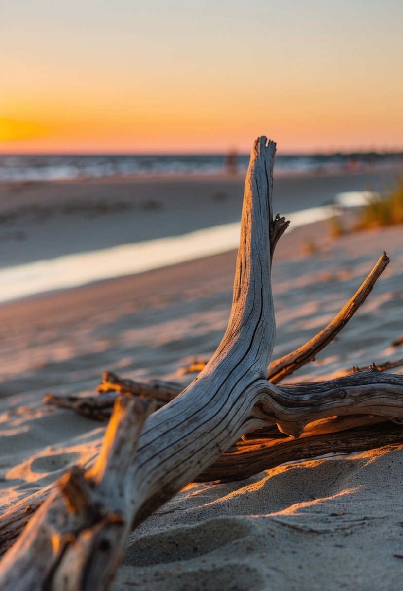 Sunset casts warm light on the sandy shore, where weathered driftwood forms intricate patterns against the horizon of Jekyll Island's beach