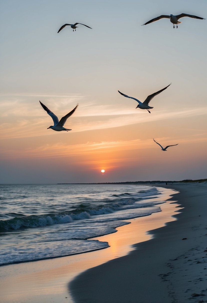 Sunset over pristine sandy beaches at Cumberland Island National Seashore, with gentle waves lapping the shore and seagulls soaring overhead