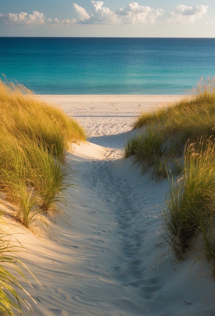 Golden sand stretches along the coastline, framed by rolling dunes and swaying sea oats. The crystal-clear waters of Nanny Goat Beach invite visitors to relax and enjoy the natural beauty of Sapelo Island