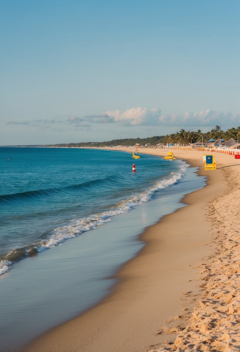 A serene beach with clear blue waters, golden sand, and gentle waves. Safety signs and lifeguard stations are visible along the coastline