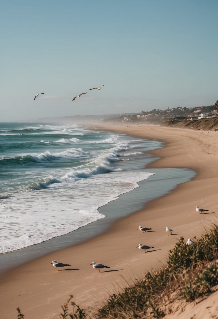 Sandy beaches with rolling waves, seagulls, and coastal vegetation