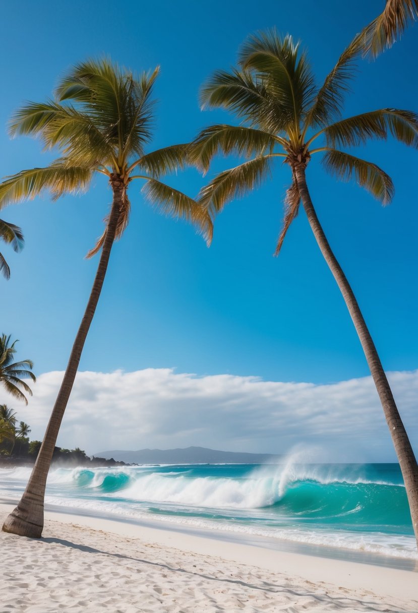 Palm trees sway on white sandy beaches as turquoise waves crash against the shore under a clear blue sky in Honolulu