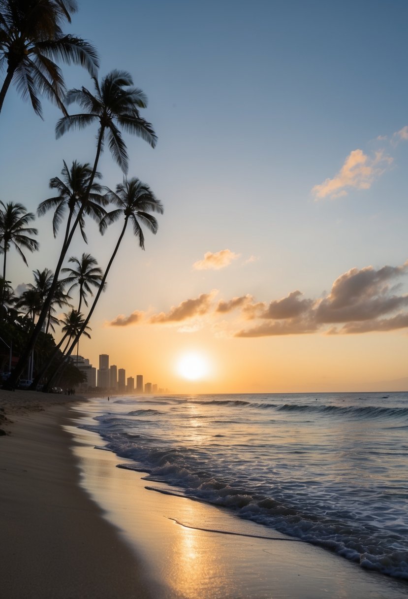 The sun sets over Waikiki Beach, with palm trees lining the shore and gentle waves lapping at the sand