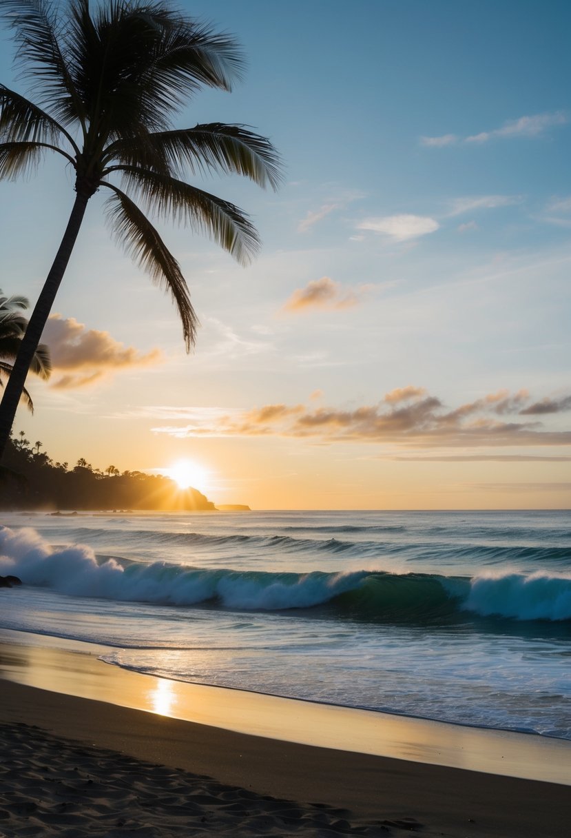 The sun sets over Ala Moana Beach Park, with palm trees swaying in the gentle breeze and waves crashing against the shore