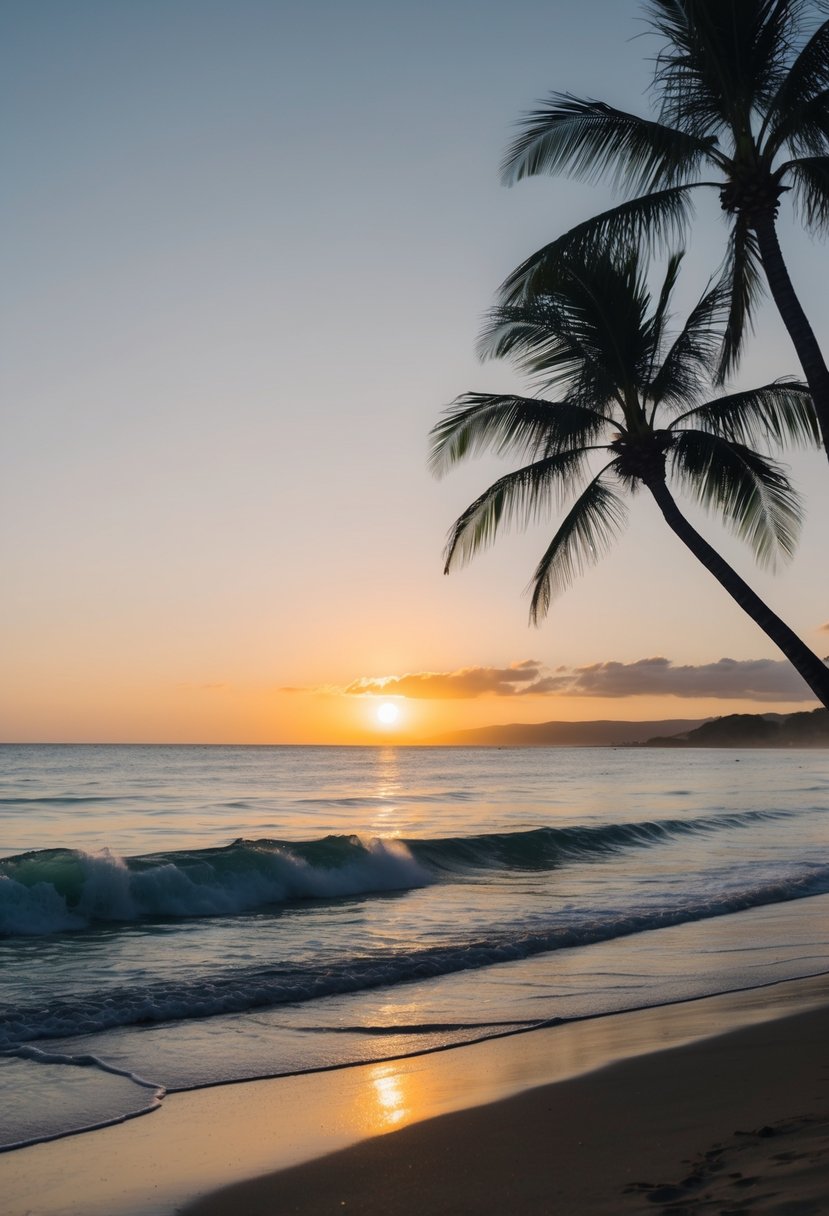 The sun sets over Kailua Beach, with gentle waves lapping against the shore and palm trees swaying in the warm breeze