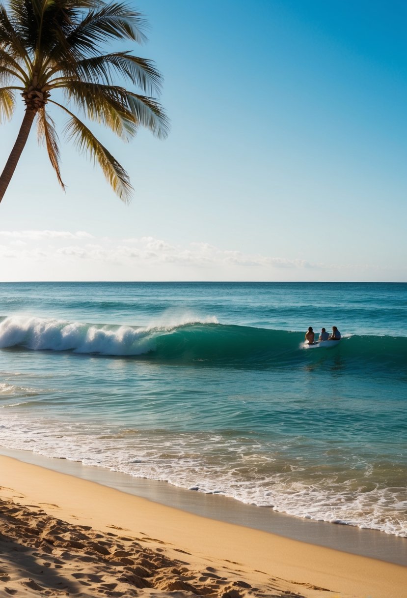 A sunny day at the beach with clear blue waters, palm trees, and golden sand. Waves gently crashing against the shore, with a few people enjoying the peaceful atmosphere