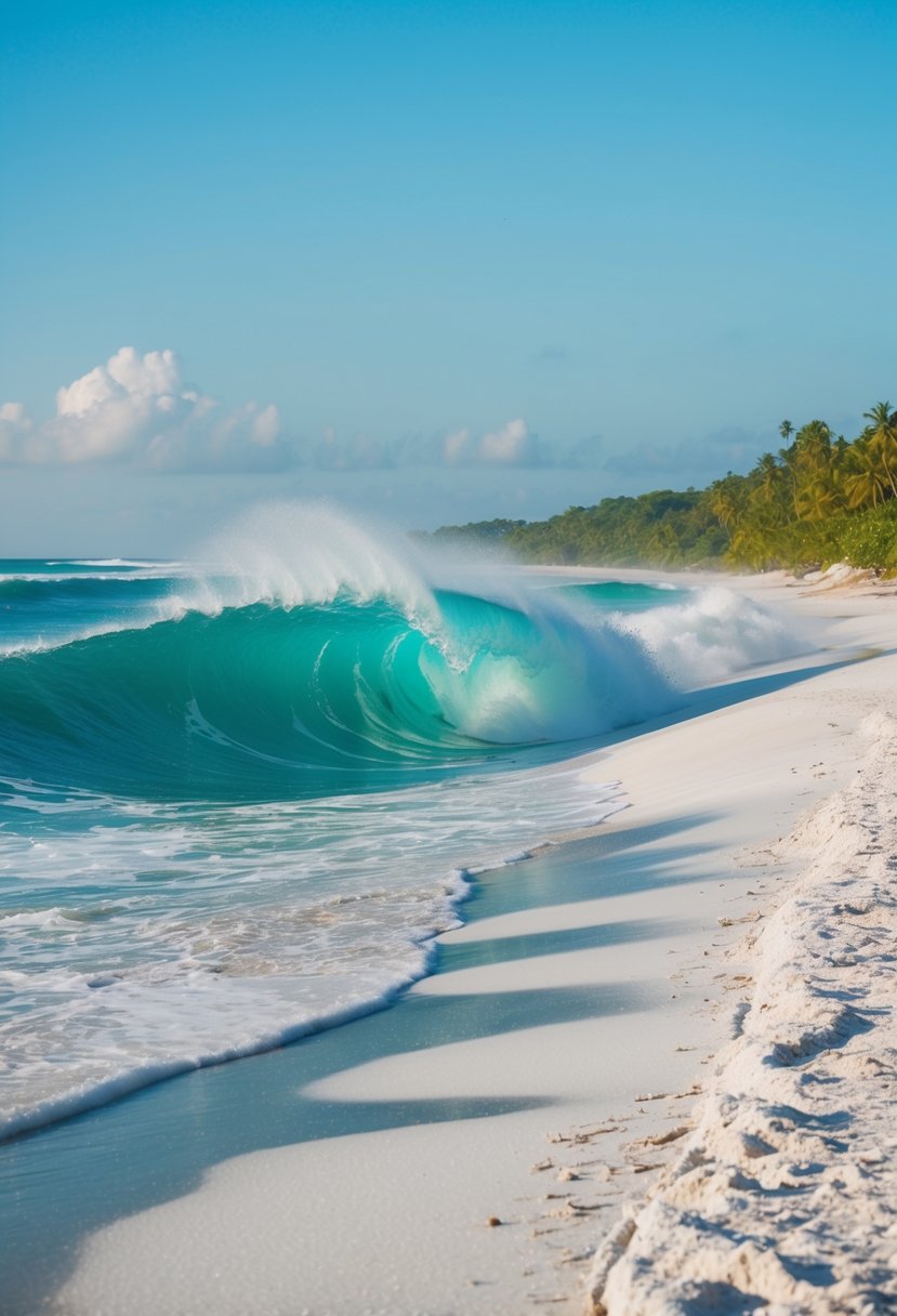 Turquoise waves crash onto the white sandy shore of Radhanagar Beach, surrounded by lush greenery and a clear blue sky