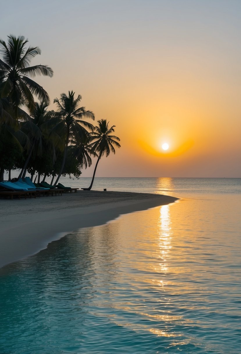 The sun sets over Marari Beach, casting a golden glow on the palm-fringed shore and calm, turquoise waters