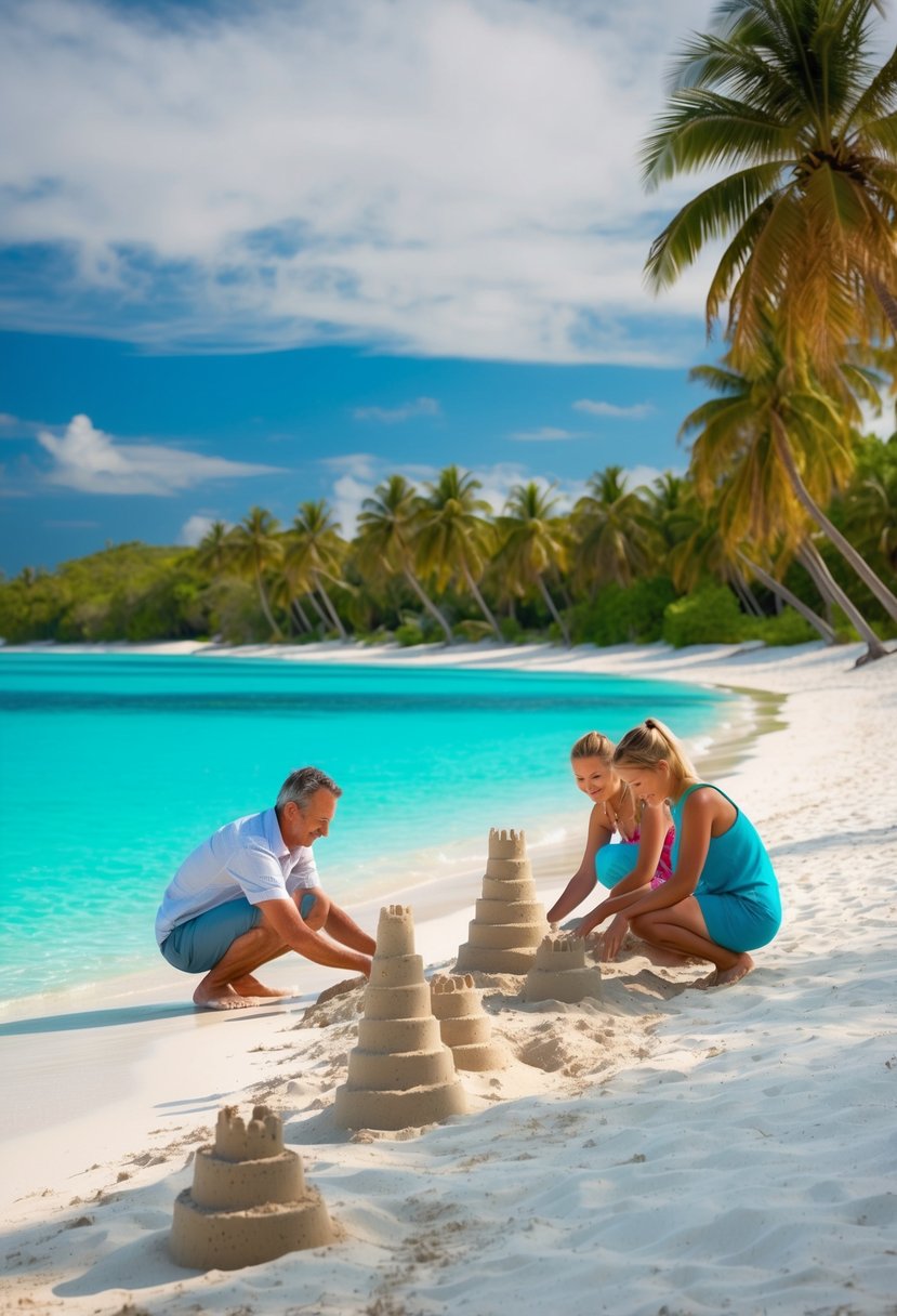 A family building sandcastles on a pristine, white-sand beach with crystal-clear turquoise water and palm trees lining the shore