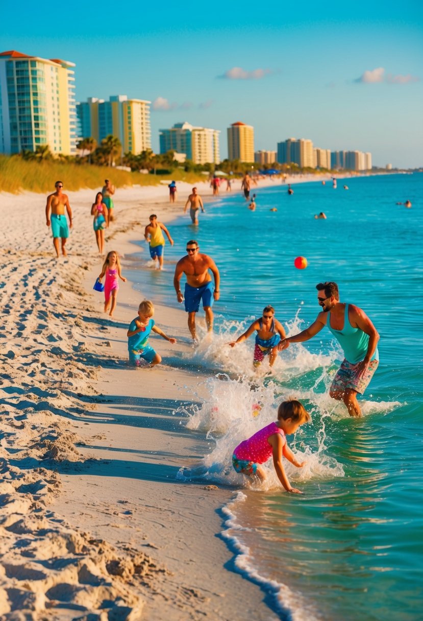 A vibrant beach scene with families playing in the sand and splashing in the clear blue water at Clearwater Beach, Florida