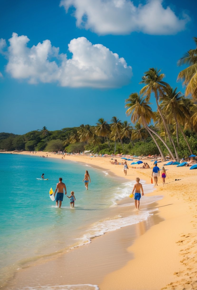 A serene beach scene with golden sand, clear blue waters, palm trees, and families enjoying the sun and surf