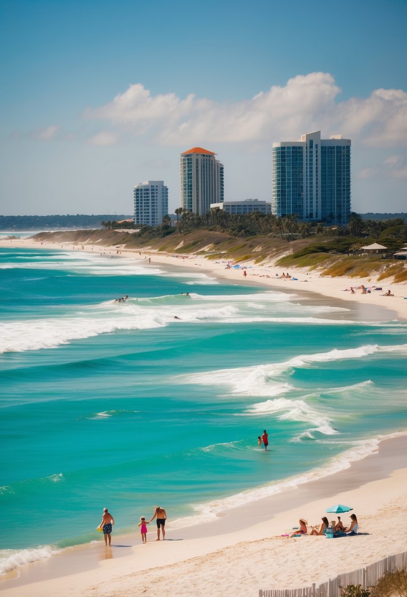 A picturesque scene of Henderson Beach State Park with pristine white sand, turquoise waters, and families enjoying the sun and surf