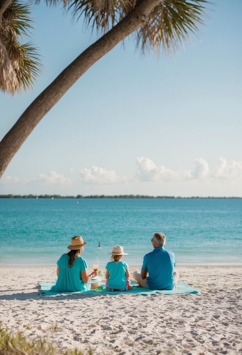 A family enjoys a peaceful day at the beach, with clear blue waters and white sandy shores at Fort De Soto Park